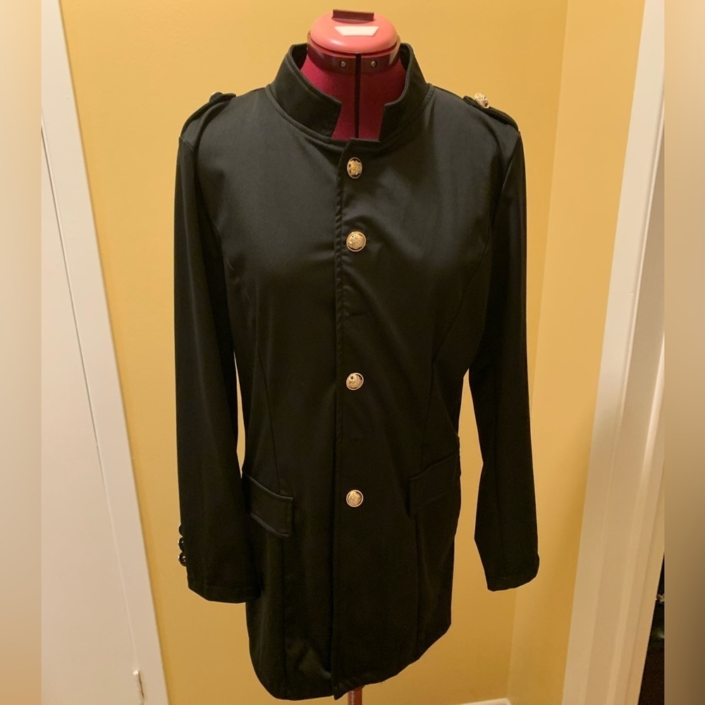 Black Military-Style Longline Jacket with Gold Crest Buttons  NWOT